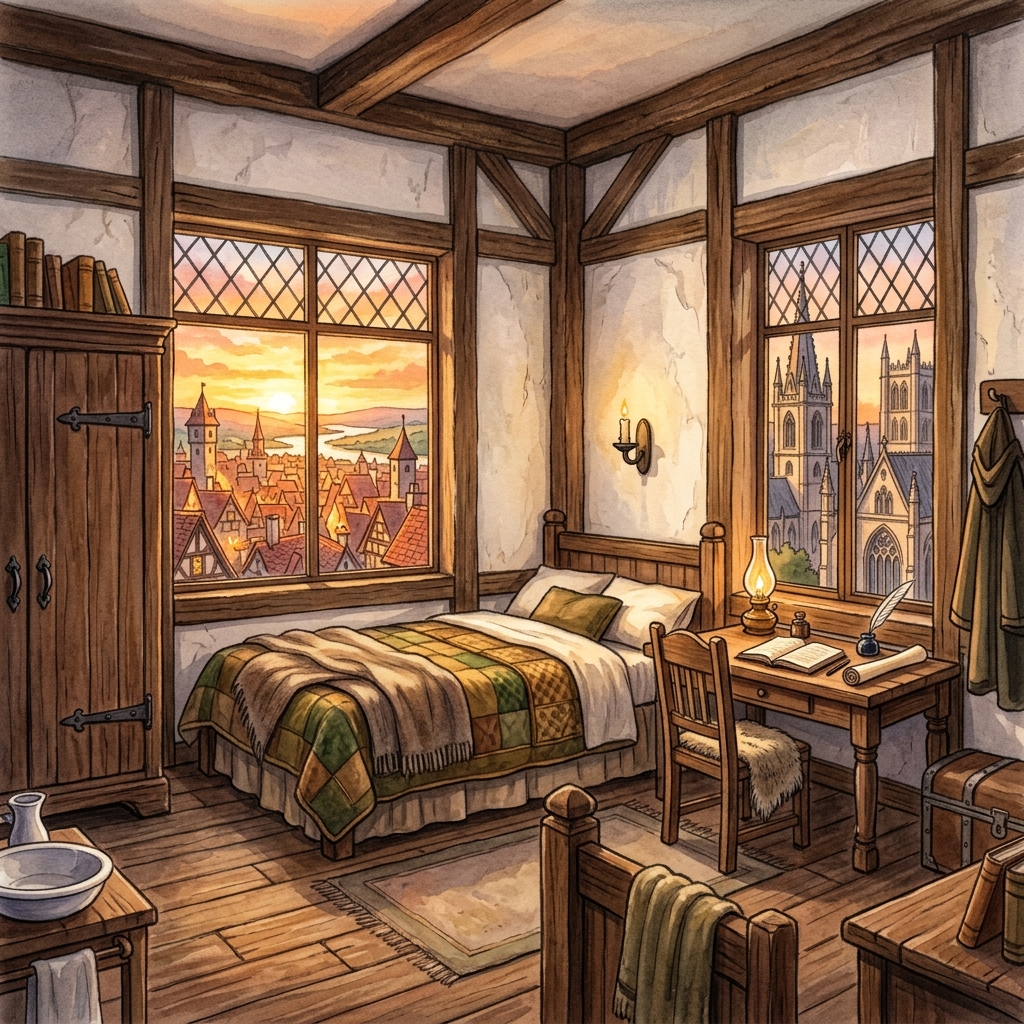 三階の角部屋──白い漆喰の壁に夕陽が射す